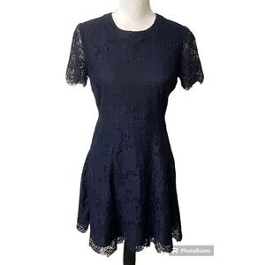 Madewell Women Dress Navy Sz 2 Floral Lace Fit Flare Raw Hem Hidden Zipper R1
